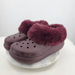Crocs Furever Crush Platform Clogs Burgundy Faux Fur Lined 208446 Womens 10